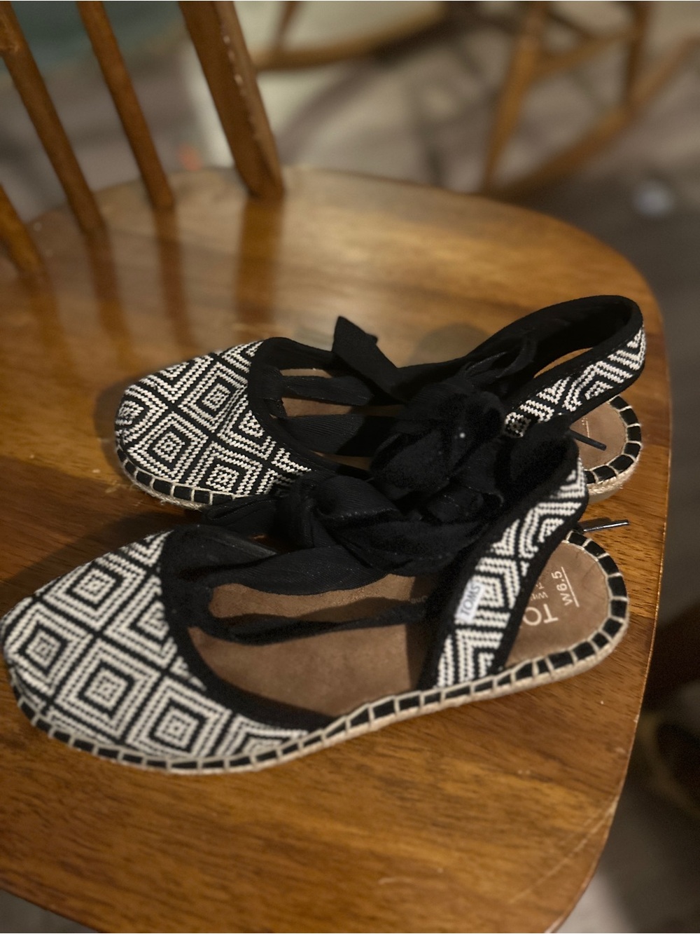 Toms Black and White Geometric Espadrille Flats with Ribbon Ties